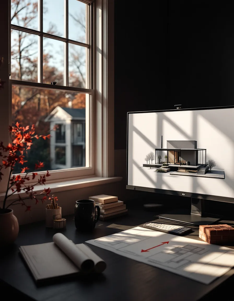 The Nalveo studio desk in late-afternoon light: a monitor showing a grey clay model of a glass house, a site plan with a hand-drawn north arrow, and oak and brick finish samples